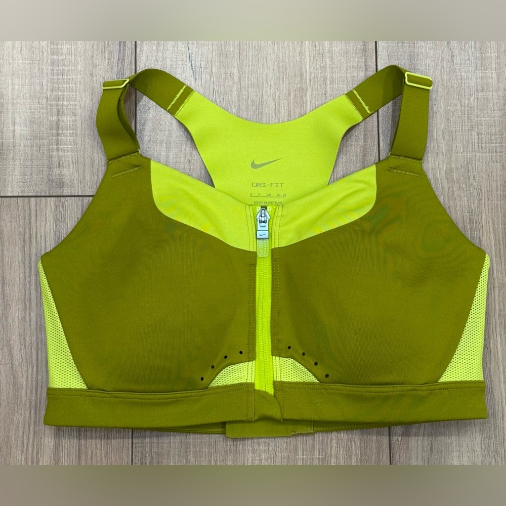 NIKE PRO ALPHA High Support Sport Green Bra Women Size Small Zip Front Padded
